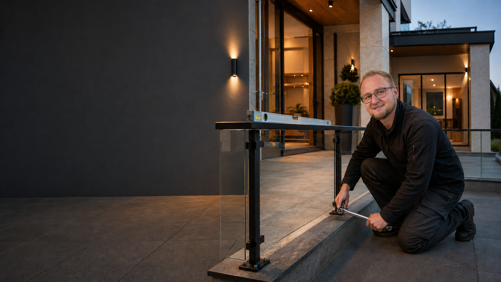 KI-generierte Visualisierung von Manuel Mathwig bei der präzisen Geländermontage an einem modernen Wohnhaus