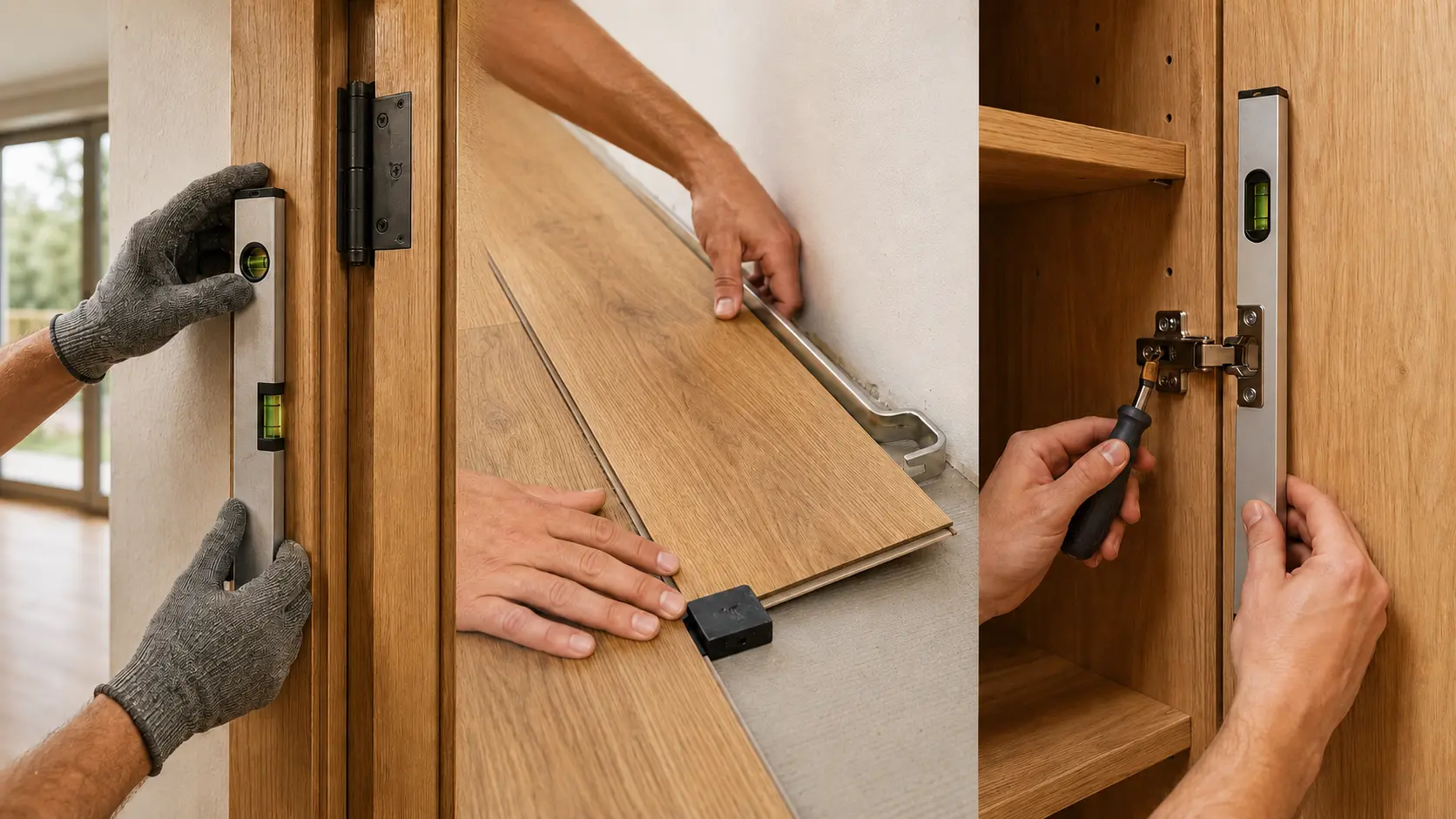 Fotorealistische Detailvisualisierung einer präzisen Verlegung von Klickvinyl mit natürlichen Händen und geeignetem Verlegewerkzeug