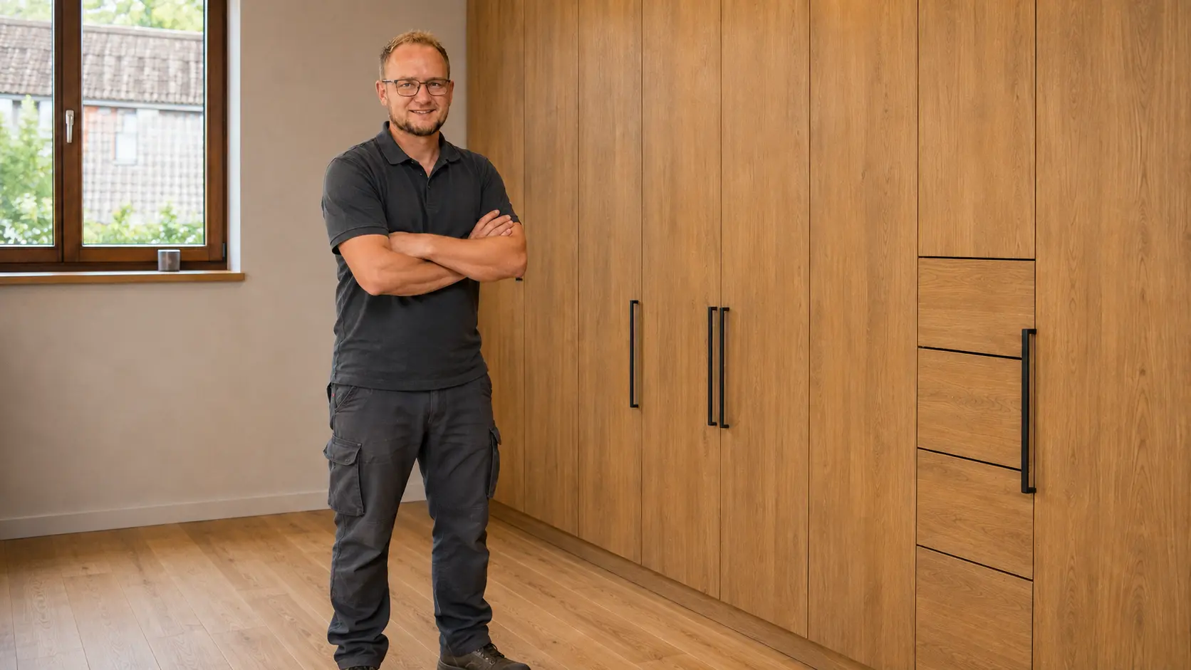 KI-generierte Visualisierung von Manuel Mathwig vor einem fertig montierten und sauber ausgerichteten Einbauschrank