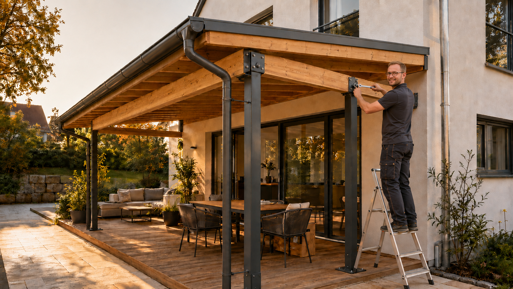 KI-generierte Visualisierung von Manuel Mathwig bei der Montage einer modernen, konstruktiv plausiblen Terrassenüberdachung